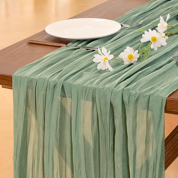 Socomi 15pcs Sage Green Cheesecloth Table Runner Summer Boho Rustic Gauze 120 inch 10FT Cheese Cloth Sheer Runner for Wedding Party Baby Shower Home Decor Holiday Decorations