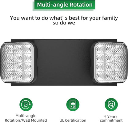 6 Packs Blacks Emergency Lights with Backup Battery,Two Head Adjustable Fire Commercial Emergency Light Fixture-UL Listed-120/277VAC-Led Emergency Exit Lights Fixtures for Business.