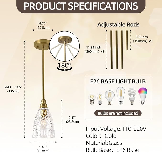 LIROUVET 2-Pack Modern Vintage Pendant Lighting with Clear Glass Shade, Gold Ceiling Light for Kitchen Island,Living Room,Bedroom,