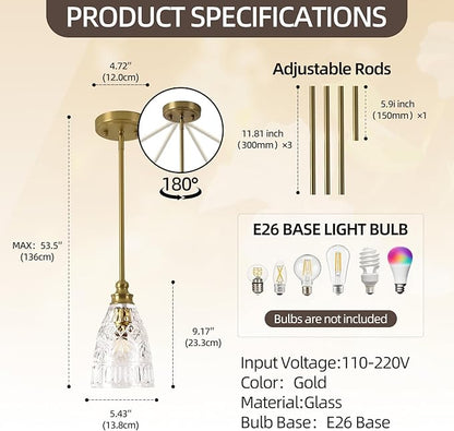 LIROUVET 2-Pack Modern Vintage Pendant Lighting with Clear Glass Shade, Gold Ceiling Light for Kitchen Island,Living Room,Bedroom,