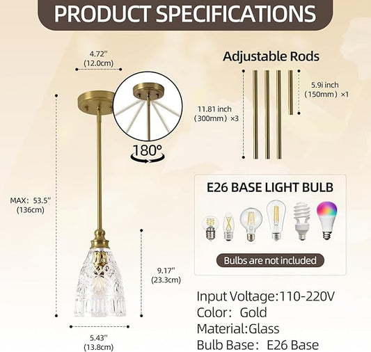 LIROUVET 2-Pack Modern Vintage Pendant Lighting with Clear Glass Shade, Gold Ceiling Light for Kitchen Island,Living Room,Bedroom,