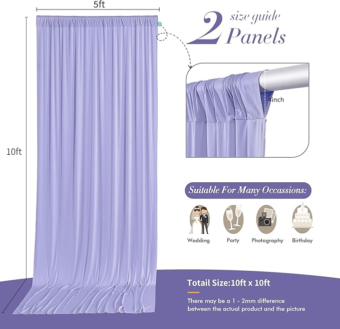 10 ft x 10 ft Wrinkle Free Lavender Backdrop Curtain for Parties, Polyester Light Purple Photo Backdrop Drapes 2 Panels 5x10ft for Baby Shower Photoshoot Wedding Birthday Party Photography Curtains