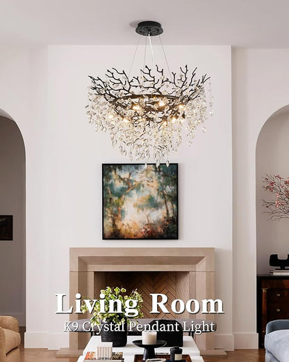Modern Crystal Chandelier for Dining Room, 31.5" Black Tree Branch Chandeliers, 10-Light Luxury K9 Crystal Round Chandeliers for Kitchen Island Living Room