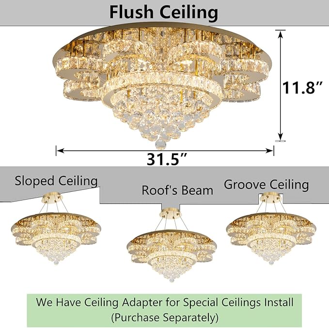 HAIXIANG Modern Chandelier Living Room Glam Chandeliers Ceiling Light Fixture Remote Dimmable Lights 32 Inches Luxury Crystal Gold Light