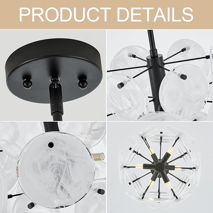 Modern Black Glass Chandelier for Entryway, Coastal Dining Room Light, 6-Light Unique Pendant Light Fixture for Foyer Bedroom Stairway Kitchen