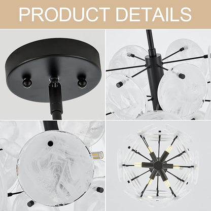 Modern Black Glass Chandelier for Entryway, Coastal Dining Room Light, 6-Light Unique Pendant Light Fixture for Foyer Bedroom Stairway Kitchen