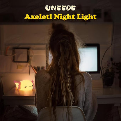 UNEEDE Axolotl Night Light for Kids with Axolotl Keychain,Animal Silicone Nursery Night Lamp, Rechargeable Table Lamp Bedside Lamp,Cute Room Decor Night Light for Bedroom,Desk Decorations,Gift
