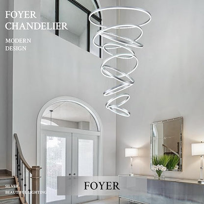9-Rings D39.4’’ Modern LED Chandelier Silver Dimmable High Ceiling Foyer Chandeliers Entryway with Remote Control for Staircase Entryway Living Room Foyer, 3000K-6500K
