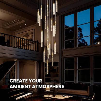 SNZ 20-Light Gold Crystal Chandelier, High Ceiling Chandelier for Staircase, Modern LED Dimmable Pendant Light Fixture for Entryway Hallway Living Room, 157in, Gold