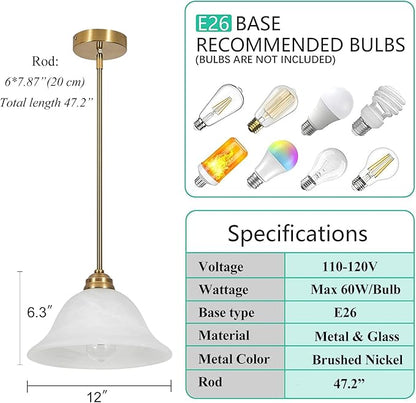 Modern Alabaster Glass Pendant Light Adjustable Rod Pendant Lighting Fixture for Kitchen Sink Bar Dining Room, 12“D (Brass)