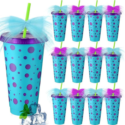 12 Sets Monster Party Supplies 24 oz Reusable Monster Themed Party Plastic Cups and Fur Plush Purple Blue Bows Bulk Cartoon Themed Drinking Cups for Girl Boy Birthday Baby Shower Decorations