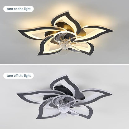 Black Flower Modern CeilingFans with Lights, Low Profile Ceiling Fan with Remote for Bedroom, Flush Mount Ceiling Fan with LED Dimmable Light,6-Speeds, Timing CeilingFan Light