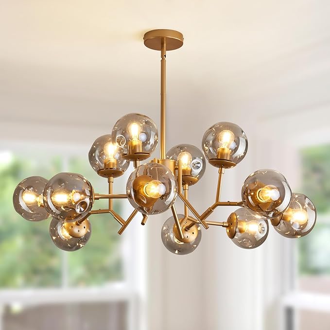 UOFUS 12-Light Glass Globe Sputnik Chandelier Mid-Century Modern Matte Gold Ceiling Light Fixture Vintage Hanging Pendant Light for Bedroom Living Room Kitchen Farmhouse Dining Room