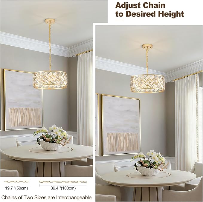 Gold Crystal Chandelier, 4-Light Morden Dining Room Light Fixture,15.16" Round Semi Flush Mount Chandeliers for Kitchen Foryer Entryway Hallway Living Room Bedroom (ETL Listed)
