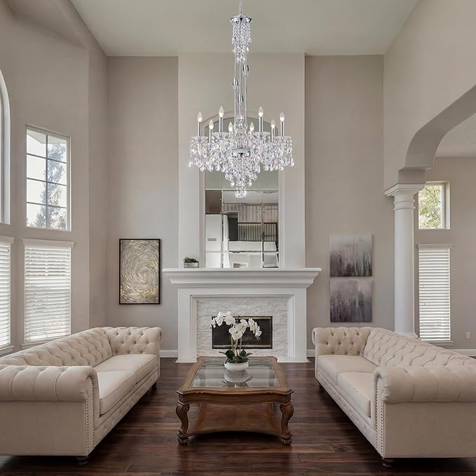 8-Light Crystal Candle Chandelier, Chrome Chandelier for Dining Room, Entryway & Living Room, Adjustable Height, E12 Base