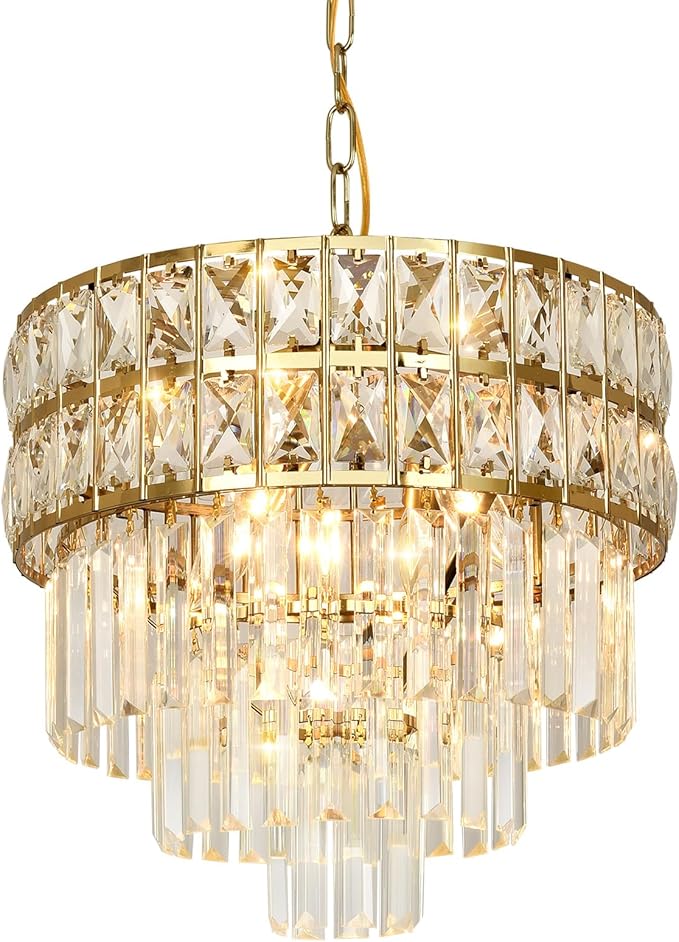 Modern Crystal Chandelier Gold Pendant, Round Crystal Light Fixture Hanging Lamp, for Dining Room, Restaurant, Hallway, Balcony, Φ15.7 inch