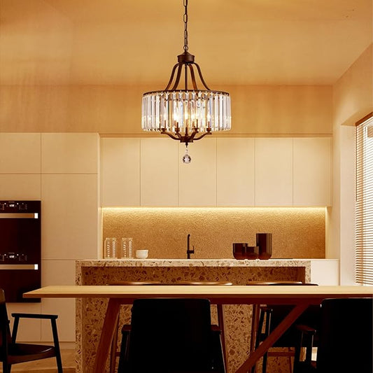 Black Crystal Chandeliers for Dining Room, 4-Light Modern Round Chandeliers 15.7" for Living Room Kitchen Hallway Bedroom Foyer Hall, Adjustable Height Hanging Light Fixture