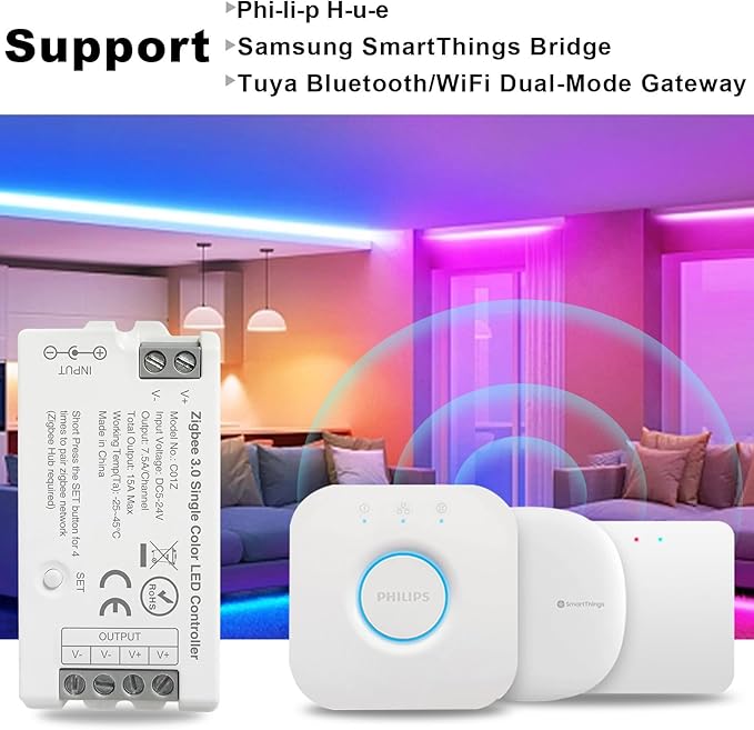 Tuya Zigbee 3.0 Single Color LED Strip Controller PWM Dimmer 2 Pin V+ V- DC 5V 12V 24V Max 15A Compatible with Alexa Echo Plus 4th Gen Tuya Gateway for FCOB COB 5050 2835 LED Light