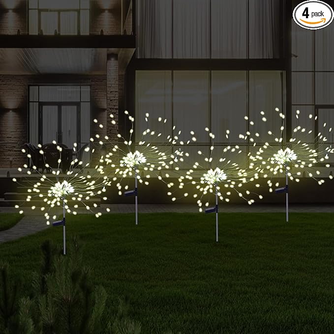 PXBNIUYA 4 Pcs Solar Garden Light Outdoor,175 LED Solar Firework Lights for Yard, 2 Modes IP67 Waterproof Copper Wire DIY Decorative Light, Starburst Lights for Party Patio（Warm White）