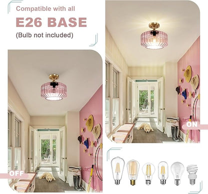 Pink Close to Ceiling Light Hallway Light Fixtures Vintage Antique Brass Ceiling Lamp with 11.02" Stripes Glass Shade, Flush Mount Ceiling Light for Closet Entryway Shower Light