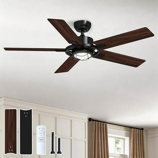 TALOYA 52 Inch Ceiling Fans with Lights and Remote Flush Mount Low Profile for Living Room Farmhouse Bedroom Patio Outdoor Dining Room,DC Motor,Reversible,Buzzer Mute,Dimmable Led Light,Rustic,Black