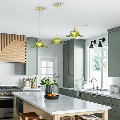 Vintage Pendant Lights Kitchen Island 3 Pack, Adjustable Pendant Light Fixtures with Green Lily Glass Lampshade, Gold Kitchen Pendant Lighting Over Island, Pendant Light for Dining Room Hallway