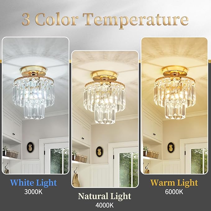Mini Crystal Chandelier,Gold Crystal Chandeliers,2-Tier Semi Flush Mount Chandelier Pendant Lighting Fixture for Living Room Dining Room Foyer Bedroom Hallway E26 Base