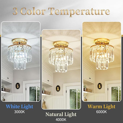 Mini Crystal Chandelier,Gold Crystal Chandeliers,2-Tier Semi Flush Mount Chandelier Pendant Lighting Fixture for Living Room Dining Room Foyer Bedroom Hallway E26 Base