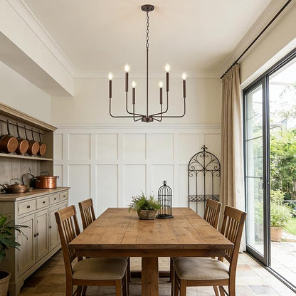 Modern Oil-Rubbed Bronze Chandelier for Dining Room, Metal 6-Light Kitchen Light Fixtures, Farmhouse Candle Hanging Pendant Light for Living Room Entryway Foyer Bedroom (Bulbs Not Included)