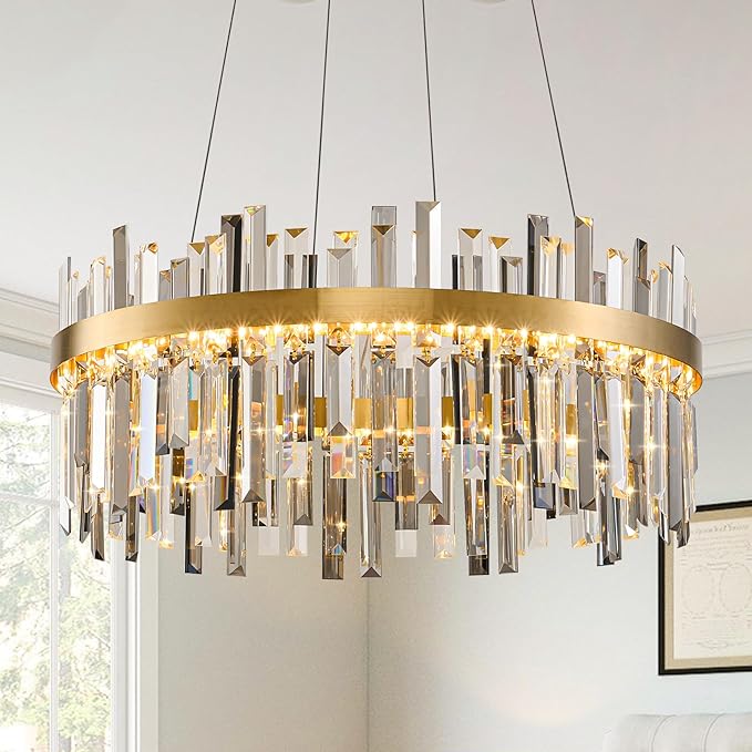 Gold Led Modern Crystal Chandelier: 23.6" Round K9 Luxury Smoke Grey & Clear Crystals 3 Color Dimmable Contemporary Chandeliers for Dining Room Lights - Adjustable Height Living Room Light with Remote