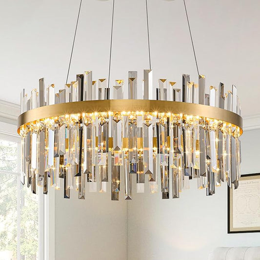 Gold Led Modern Crystal Chandelier: 23.6" Round K9 Luxury Smoke Grey & Clear Crystals 3 Color Dimmable Contemporary Chandeliers for Dining Room Lights - Adjustable Height Living Room Light with Remote