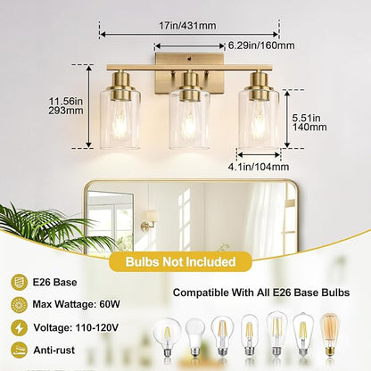 Indoi 3 Light Bathroom Light Fixtures, Brass Vanity Lights for Bathroom with Clear Glass Shades, Modern Bathroom Wall Sconces for Mirror Living Room Cabinet