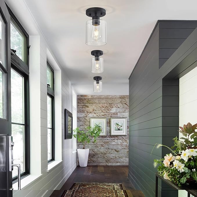 Black Semi Flush Mount Ceiling Light, 1-Light Ceiling Light Fixtures, Farmhouse Light Fixtures Ceiling Mount, Ceiling Lights with Glass Shade for Kitchen Hallway Foyer Entryway Bedroom(1 Pack)