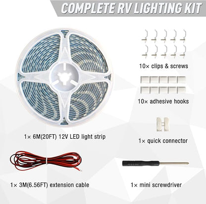 RV Awning Light,12V 20FT Camper Awning Lighting,Waterproof LED Strip,Exterior Underglow Lighting for RV Motorhome Travel Trailer Food Truck Outdoor Party (White, 20FT)