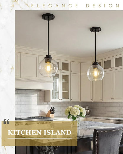2-Pack Pendant Lights Kitchen Island, 7" Modern Black Hanging Lights Fixtures with Clear Seeded Glass Globe Shade, Kitchen Island Lighting for Bathroom, AD-22280-1P2-BK-S
