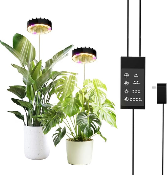 Height Adjustable Grow Light for Indoor Potted Plants, Full Spectrum Plant Light with Fan, Metal Pole Stake Growing Lamp, CRI 90+, 2/4/8/12H Timer, Ideal for Tall Plants & Succulents 2 Packs