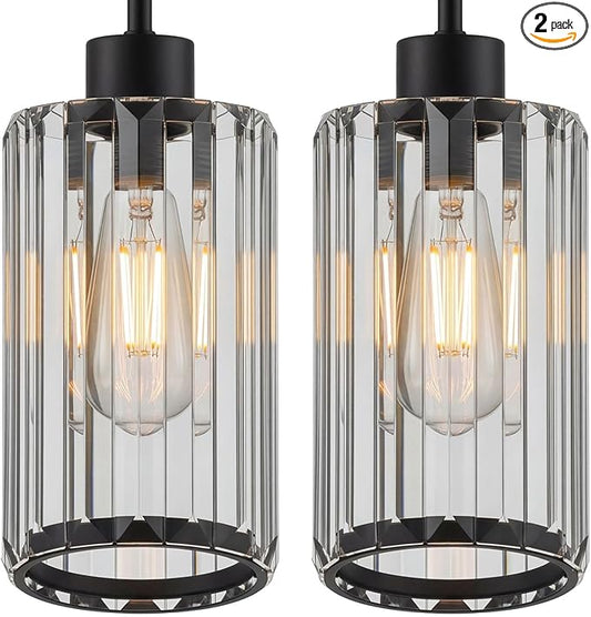 Modern Clear Fluted Glass Pendant Light 2 Pack - Adjustable E26 Hanging Lamp for Kitchen Island & Dining Room