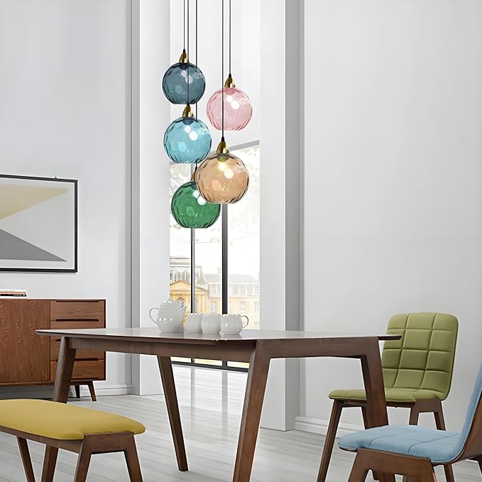 15cm/5.9’’ Industrial Vintage Spherical Glass Pendant Light, E26 Ceiling Hanging Lamp, Gold Finish & Ripple Glass Globe Shade, Dining Room Bedroom Chandelier (Green)