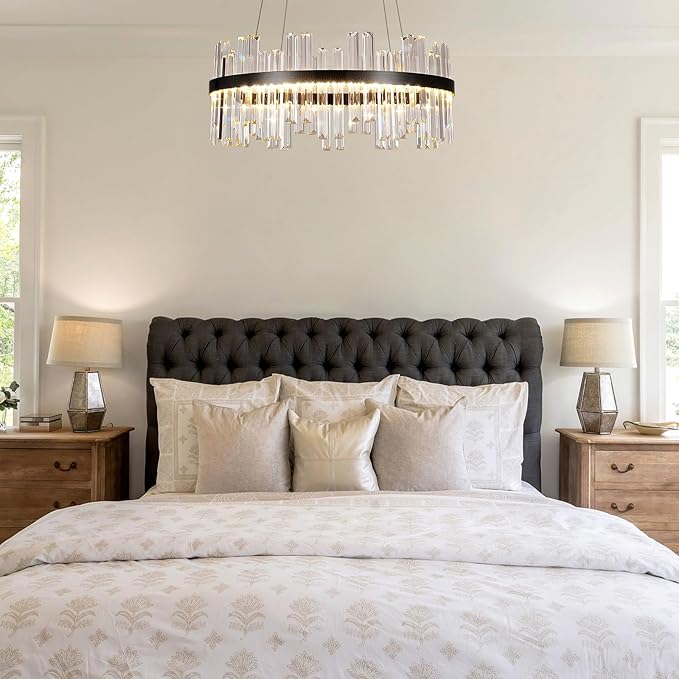 Modern Round Crystal Led Chandelier: 23.6" Black Contemporary K9 Crystals Large Chandeliers - Dimmable 3 Color Drum Ceiling Chandelier - Height Adjustable Circular Light Fixture for Bedroom Kitchen