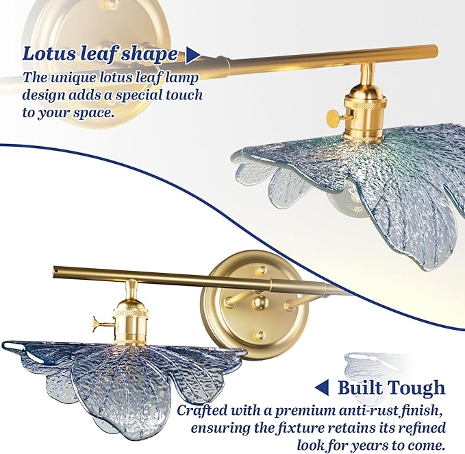 2 Light Vintage Wall Sconces with Glass Shades,Vanity Light,Bathroom Light,Wall Lighting Fixture for Mirror,Home Decor Art Wall Light (Golden+Blue, 2-Lights)