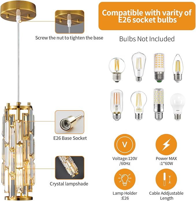 LMQNINE Pendant Lights Modern Gold Pendant Light Mini Crystal Chandelier Pendant Lighting for Kitchen Island Dinning Room Bedroom Kitchen Sink Lighting (Gold 2-Pack)