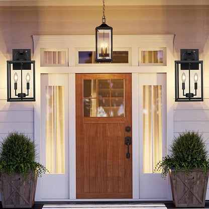 PARTPHONER Large Outdoor Light Fixutre 2-Light, Dusk to Dawn Outdoor Lighting Farmhouse Front Porch Light Exterior Wall Lantern Sconce with Clear Glass for Entryway Doorway House Garage