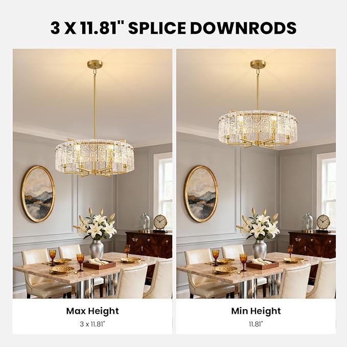 23.62" Gold Water Ripple Glass Chandeliers, 6-Light Modern Round Chandelier, Luxury Drum Chandelier Lighting Fixtures for Living Room Dining Room Kitchen Bedroom Foyer Hotel