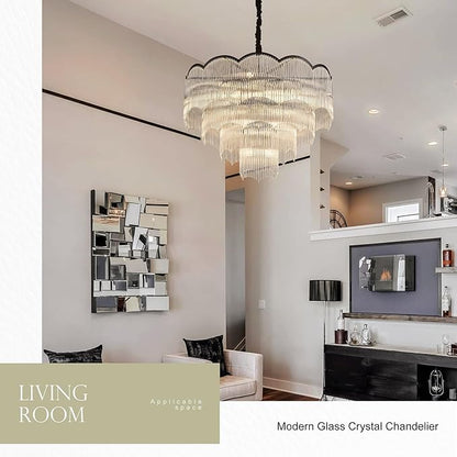 31.5" Black Clear Glass Crystal Chandelier 18-Light Modern Crystal Pendant Ceiling Light Fixture 4-Tier Luxury Glass Chandeliers,for Dining Room Kitchen Island Living Room Bedroom