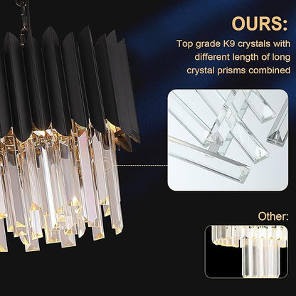 A AXILIXI Black Crystal Chandelier Small K9 Crystal Round Pendant Lights 11.8in Adjustable Modern Crystal Ceiling Pendant Light Fixture 3-Lights for Dining Room Living Room Kitchen Foyer Entryway