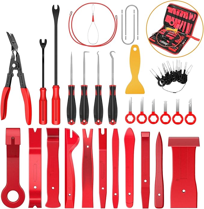 GOOACC 40Pcs Trim Removal Tool,Auto Terminal Removal Key Tool,Auto Clip Pliers Stereo Removal Tools,Car Upholstery Repair Removal Kit,Precision Hook and Pick Set,Wiring Threader,Car Film Scraper