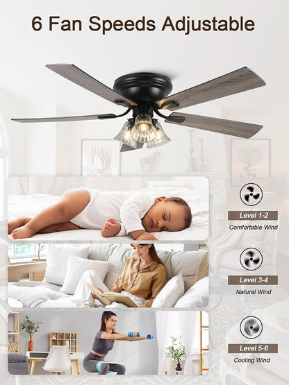 52 Inch Vintage Ceiling Fan with Lights Flush Mount Chandelier Ceiling Fan Indoor Farmhouse Rustic Chandelier Low Profile Antique Fandelier, 3 LED Light Bulbs Base, for Bedroom Living Room