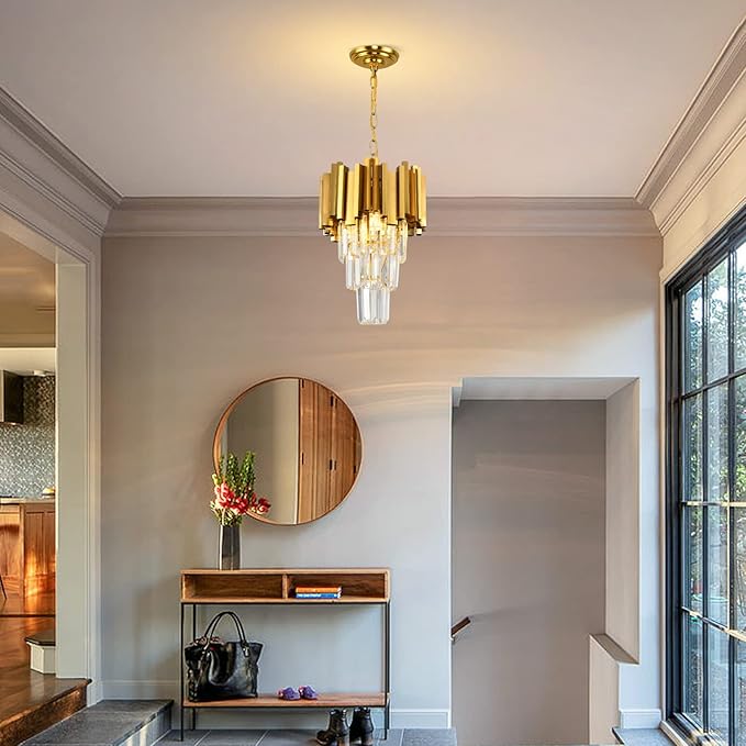 Gold Pendant Light Fixtures Dining Room Chandelier 3-Light Modern Small Crystal Pendant Lights Kitchen Island Kitchen Living Room entryway Bedroom Round Ceiling Hanging Light fixtures 3-Tiers W11.8in