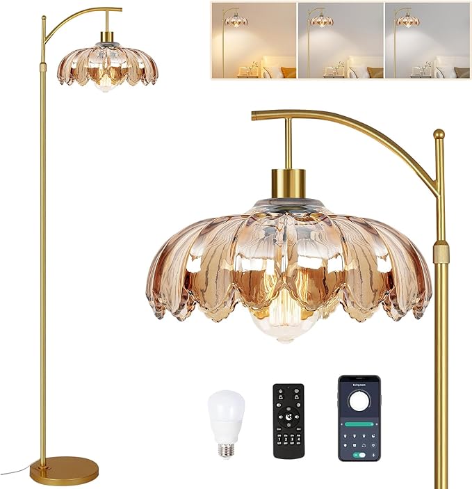 AHDWDW Gold Arc Floor Lamp for Living Room with Remote,Dimmable Modern Floor Lamps with Amber Glass Shade,Unique Vintage Flower Standing Tall Lamp,Mid Century Floor Lamps for Bedroom Office Corner