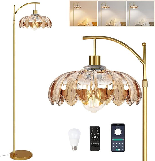 AHDWDW Gold Arc Floor Lamp for Living Room with Remote,Dimmable Modern Floor Lamps with Amber Glass Shade,Unique Vintage Flower Standing Tall Lamp,Mid Century Floor Lamps for Bedroom Office Corner
